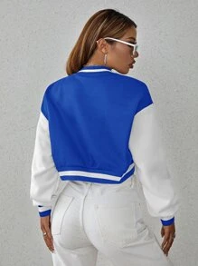 SHEIN Unity Drop Shoulder Two Tone Crop Bomber Jacket - Blue and White - View 2