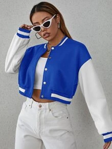 SHEIN Unity Drop Shoulder Two Tone Crop Bomber Jacket - Blue and White - View 3