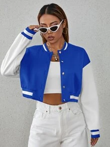 SHEIN Unity Drop Shoulder Two Tone Crop Bomber Jacket - Blue and White - View 4