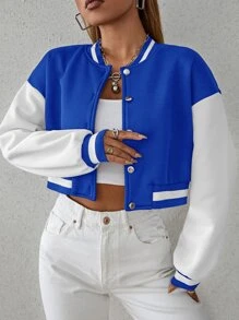 SHEIN Unity Drop Shoulder Two Tone Crop Bomber Jacket - Blue and White - View 5