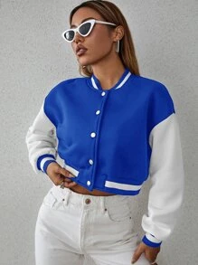 SHEIN Unity Drop Shoulder Two Tone Crop Bomber Jacket - Blue and White - View 6