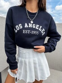 SHEIN Unity Women's Los Angeles Graphic Print Round Neck Drop Shoulder Long Sleeve Casual Cropped Sweatshirt - Navy Blue - View 1