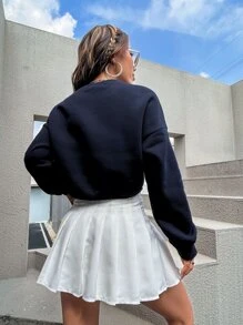 SHEIN Unity Women's Los Angeles Graphic Print Round Neck Drop Shoulder Long Sleeve Casual Cropped Sweatshirt - Navy Blue - View 2