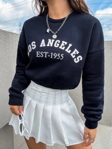 SHEIN Unity Women's Los Angeles Graphic Print Round Neck Drop Shoulder Long Sleeve Casual Cropped Sweatshirt - Navy Blue - View 3