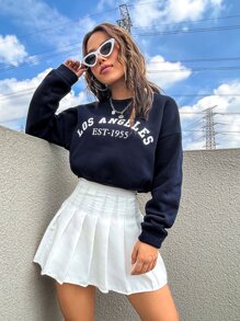 SHEIN Unity Women's Los Angeles Graphic Print Round Neck Drop Shoulder Long Sleeve Casual Cropped Sweatshirt - Navy Blue - View 6