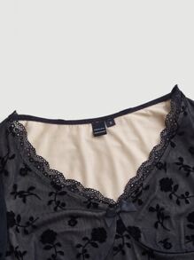 SHEIN MOD 印花木耳邊網紗上衣 - 黑色 - 查看 7