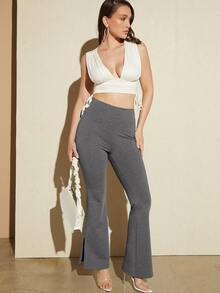 SHEIN Split Hem Flare Leg Trousers - Grey - View 5
