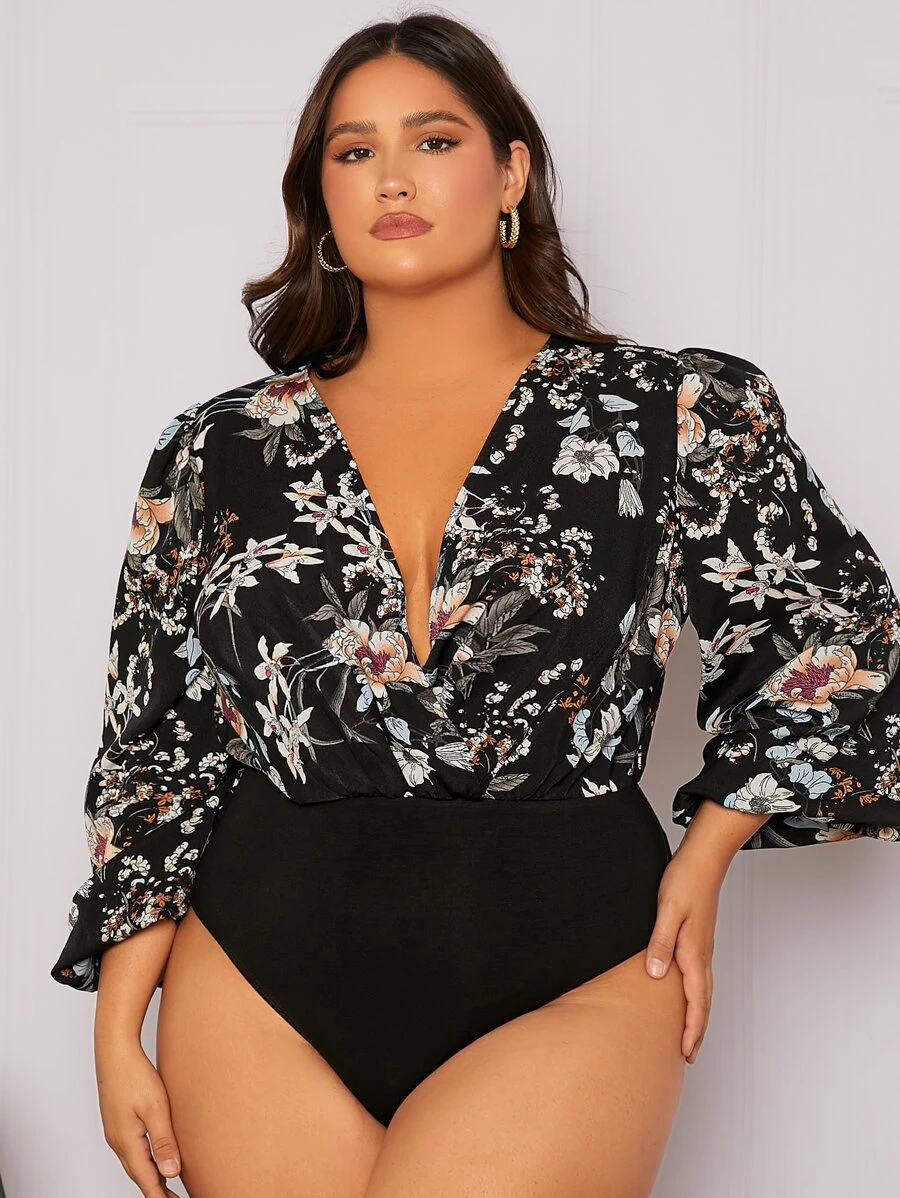 SHEIN Privé Plus Floral Print Plunging Neck Lantern Sleeve Bodysuit