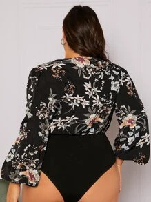 SHEIN Privé Plus Floral Print Plunging Neck Lantern Sleeve Bodysuit