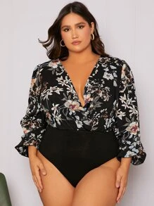 SHEIN Privé Plus Floral Print Plunging Neck Lantern Sleeve Bodysuit