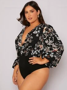 SHEIN Privé Plus Floral Print Plunging Neck Lantern Sleeve Bodysuit