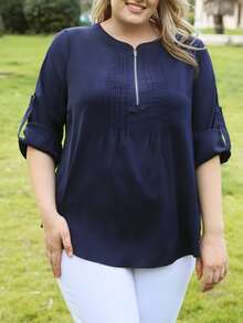 EMERY ROSE Blusa cremallera media de manga enrollada con botón - Azul Marino - Ver 3