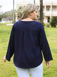 EMERY ROSE Blusa cremallera media de manga enrollada con botón - Azul Marino - Ver 2