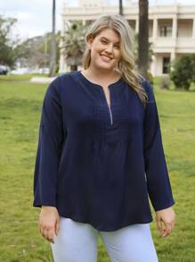 EMERY ROSE Blusa cremallera media de manga enrollada con botón - Azul Marino - Ver 1