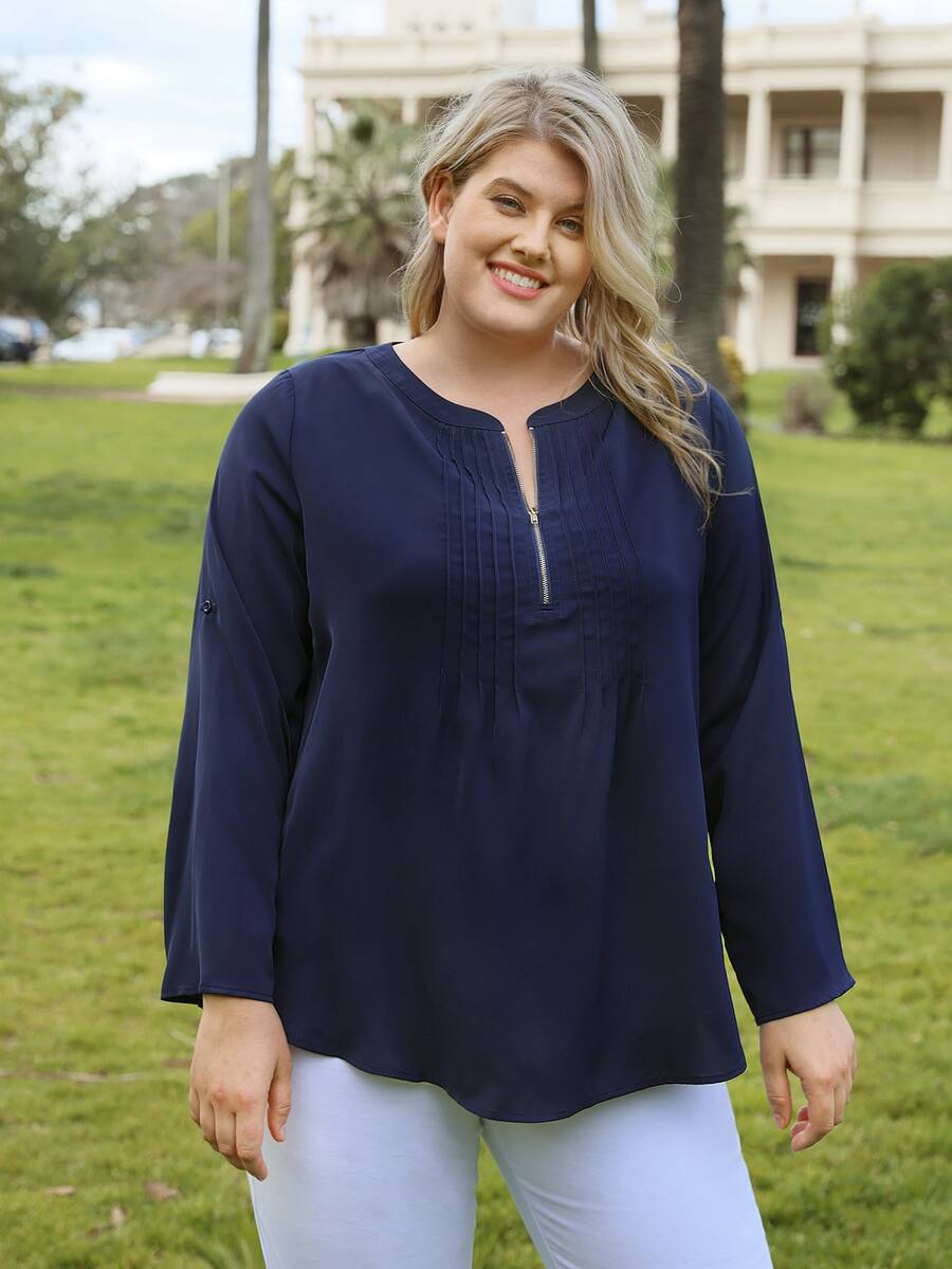 EMERY ROSE Blusa cremallera media de manga enrollada con botón - Azul Marino - Ver 1