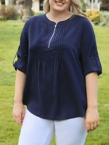 EMERY ROSE Blusa cremallera media de manga enrollada con botón - Azul Marino - Ver 5