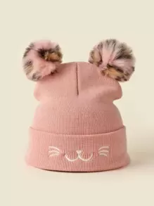 Phim hoạt hình thêu Trang trí Pompom Cuff Beanie Dễ thương - Hồng - Xem 1