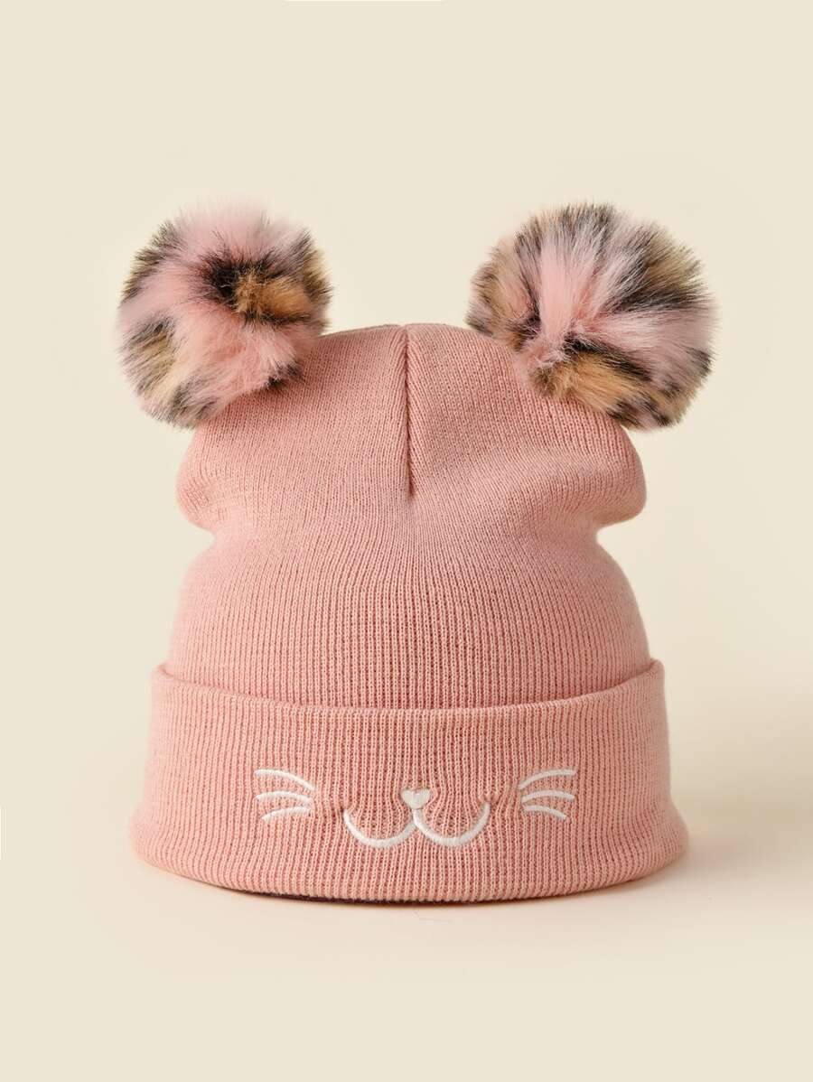 Phim hoạt hình thêu Trang trí Pompom Cuff Beanie Dễ thương - Hồng - Xem 1