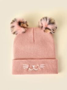 Phim hoạt hình thêu Trang trí Pompom Cuff Beanie Dễ thương - Hồng - Xem 2