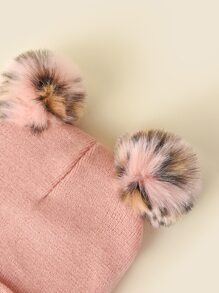 Phim hoạt hình thêu Trang trí Pompom Cuff Beanie Dễ thương - Hồng - Xem 3