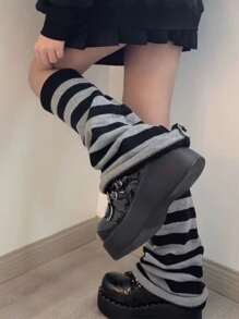 1 đôi Của phụ nữ Đen Và Màu xám Mẫu sọc Y2K Phong cách Máy làm ấm chân , Mùa thu Và Mùa Đông Thời trang Đường phố Vớ - Nhiều màu - Xem 2