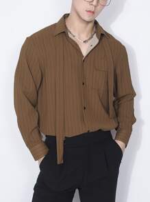 SHEIN X MOHA Manfinity Hypemode Men Striped Tie Front Flap Pocket Shirt - Coffee Brown - View 3