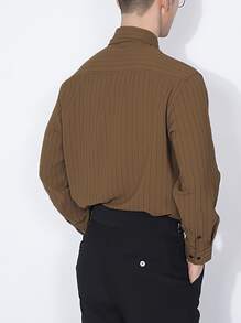 SHEIN X MOHA Manfinity Hypemode Men Striped Tie Front Flap Pocket Shirt - Coffee Brown - View 2