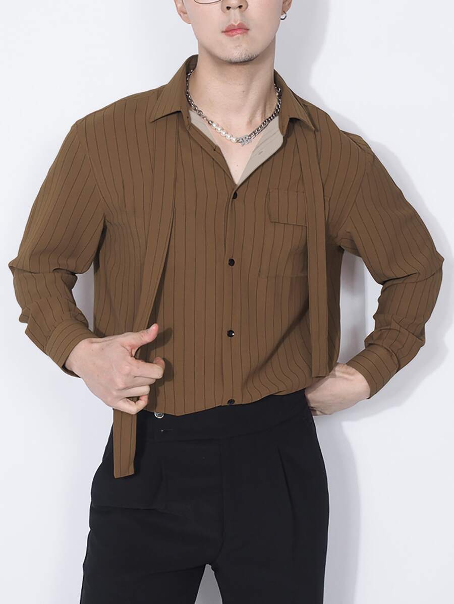SHEIN X MOHA Manfinity Hypemode Men Striped Tie Front Flap Pocket Shirt - Coffee Brown - View 1