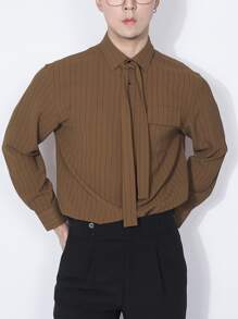 SHEIN X MOHA Manfinity Hypemode Men Striped Tie Front Flap Pocket Shirt - Coffee Brown - View 4
