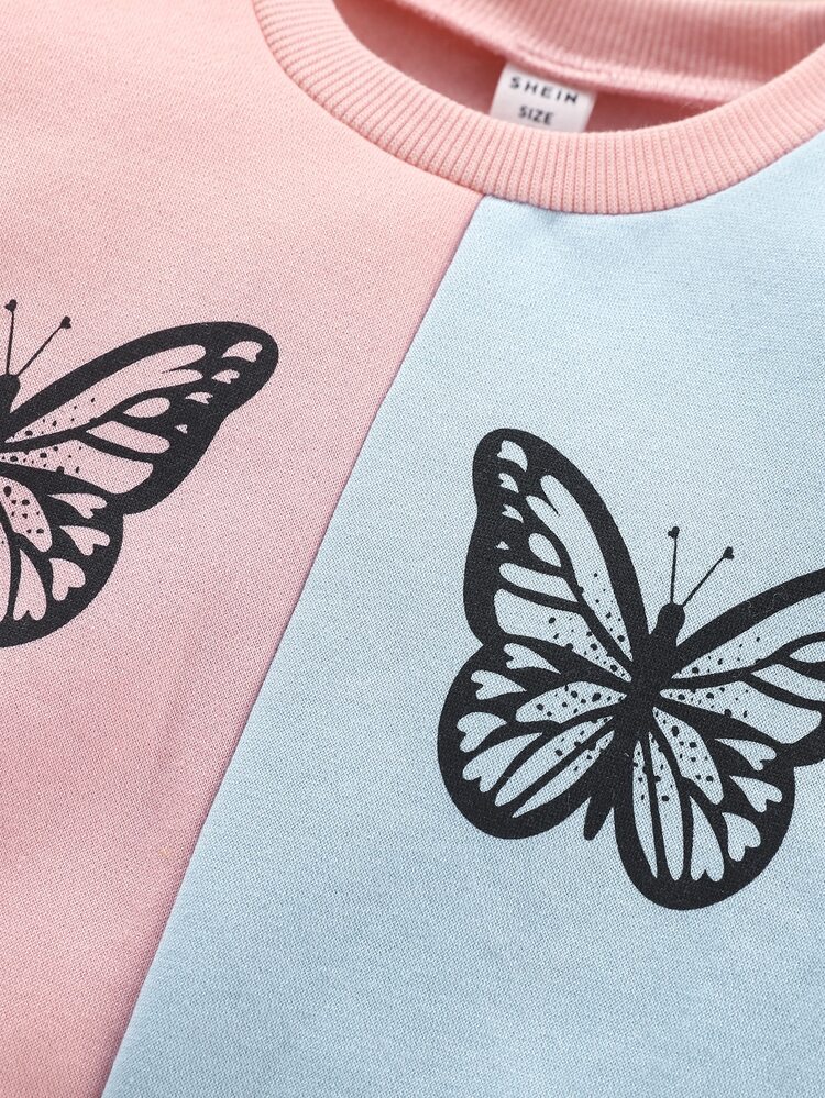 SHEIN Toddler Girls Butterfly Print Two Tone Sweatshirt & Sweatpants - Multicolor - View 6