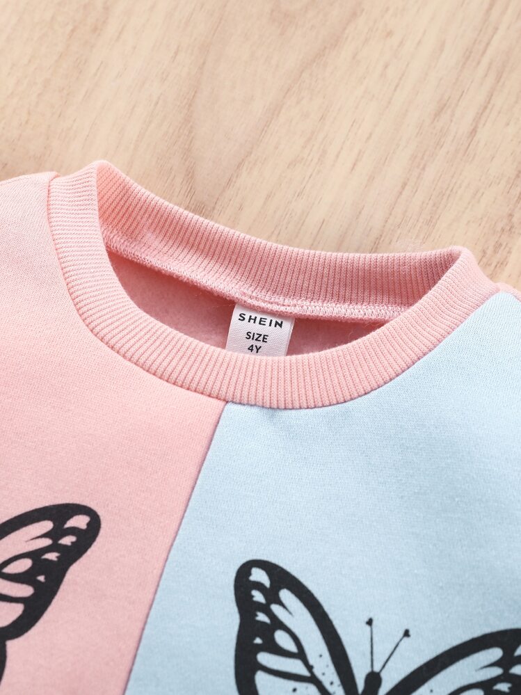 SHEIN Toddler Girls Butterfly Print Two Tone Sweatshirt & Sweatpants - Multicolor - View 8