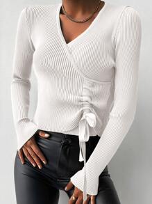 EURMUSE 螺紋針織褶邊V領套頭毛衣 - 米色 - 查看 2