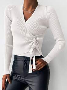 EURMUSE 螺紋針織褶邊V領套頭毛衣 - 米色 - 查看 3