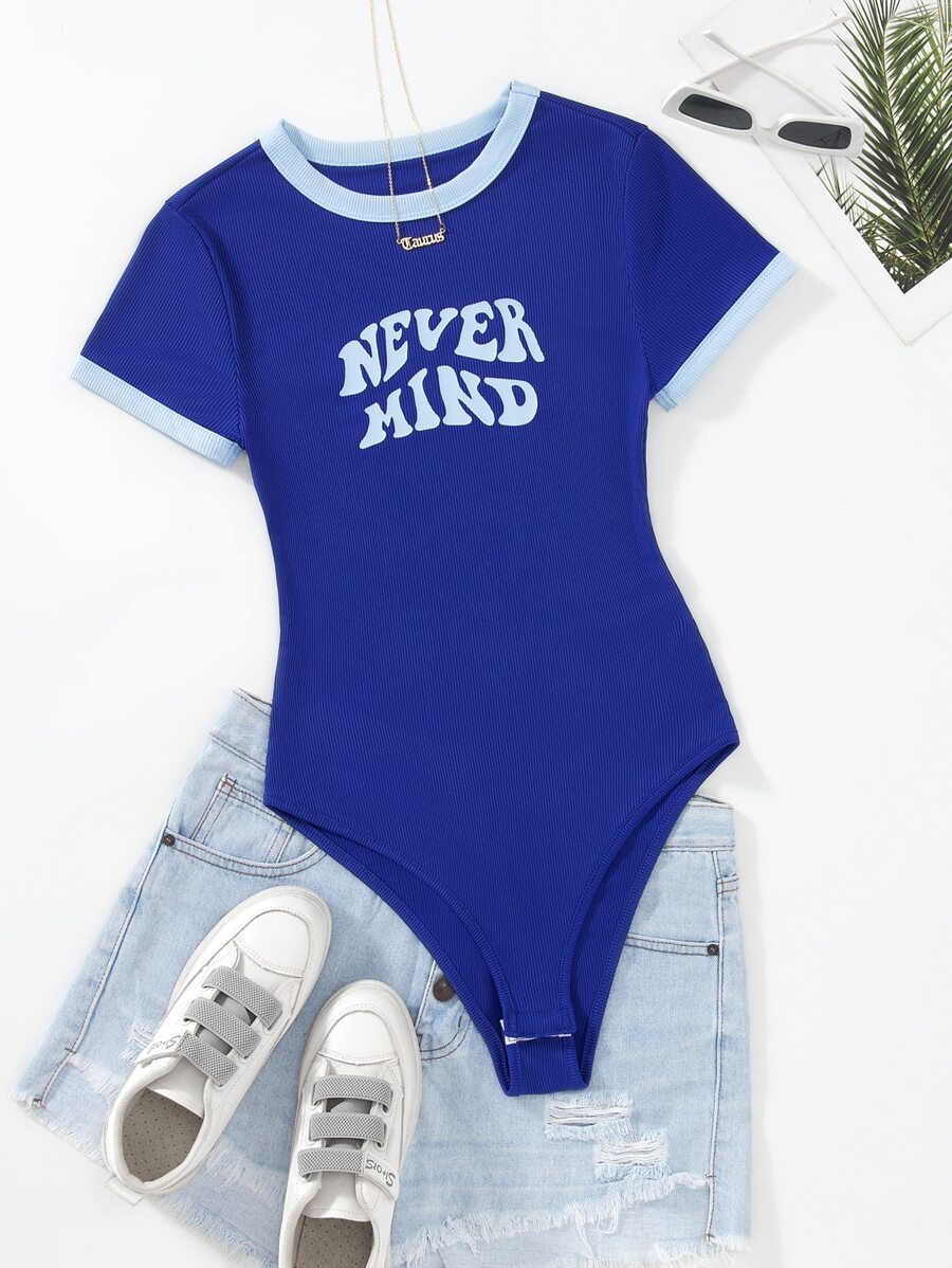 SHEIN Unity Slogan Graphic Contrast Trim Bodysuit - Blue - View 1