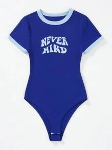 SHEIN Unity Slogan Graphic Contrast Trim Bodysuit - Blue - View 6