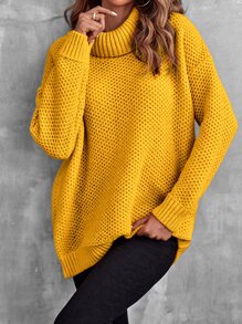 EMERY ROSE 高领落肩镂空针织毛衣，长袖套头衫，秋冬款 - 黃色 - 查看 6