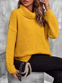 EMERY ROSE 高领落肩镂空针织毛衣，长袖套头衫，秋冬款 - 黃色 - 查看 3