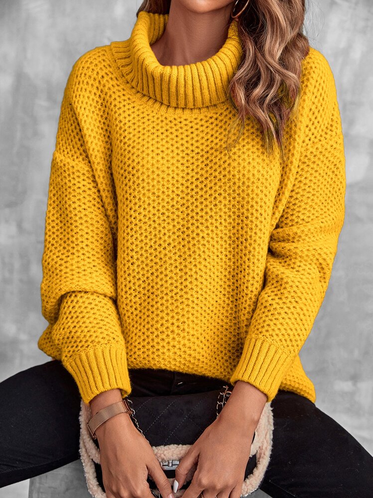 EMERY ROSE 高领落肩镂空针织毛衣，长袖套头衫，秋冬款 - 黃色 - 查看 7