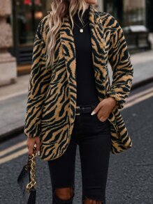 SHEIN LUNE Zebra Striped Shawl Collar Flannel Coat - Multicolor - View 1