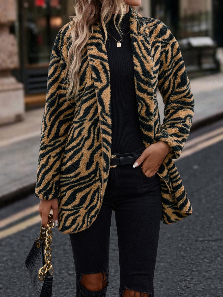 SHEIN LUNE Zebra Striped Shawl Collar Flannel Coat - Multicolor - View 1