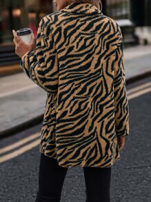 SHEIN LUNE Zebra Striped Shawl Collar Flannel Coat - Multicolor - View 2