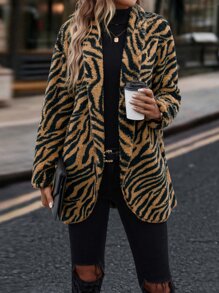 SHEIN LUNE Zebra Striped Shawl Collar Flannel Coat - Multicolor - View 3