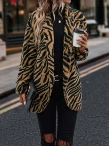 SHEIN LUNE Zebra Striped Shawl Collar Flannel Coat - Multicolor - View 4