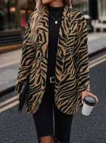 SHEIN LUNE Zebra Striped Shawl Collar Flannel Coat - Multicolor - View 5