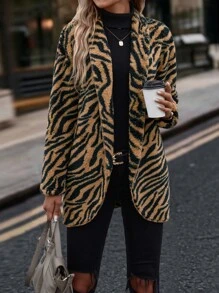 SHEIN LUNE Zebra Striped Shawl Collar Flannel Coat - Multicolor - View 6