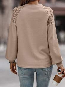 SHEIN LUNE Guipure Lace Insert Bishop Sleeve Tee - Khaki - View 2