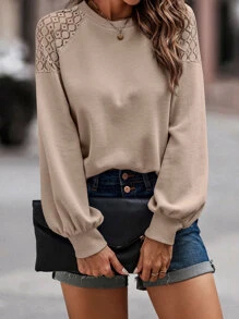 SHEIN LUNE Guipure Lace Insert Bishop Sleeve Tee - Khaki - View 4