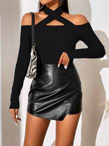 SHEIN Privé Solid Criss Cross Halter Neck Tee