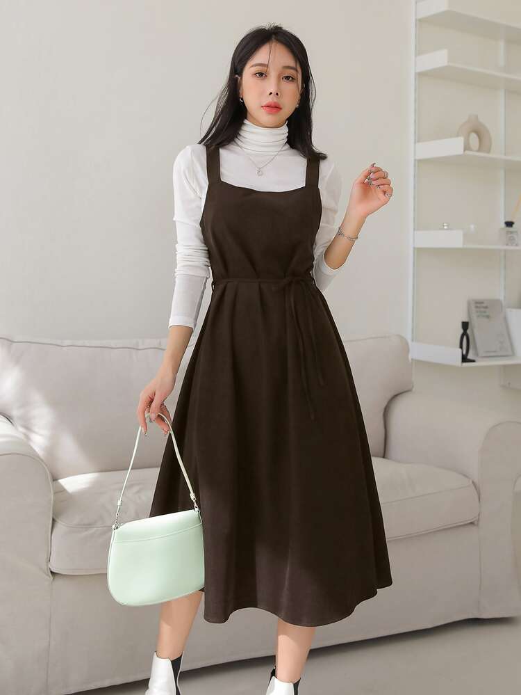 DAZY Solid Belted Pinafore Dress Without Top - Coffee Brown - View 1