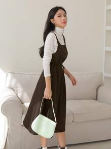 DAZY Solid Belted Pinafore Dress Without Top - Coffee Brown - View 4
